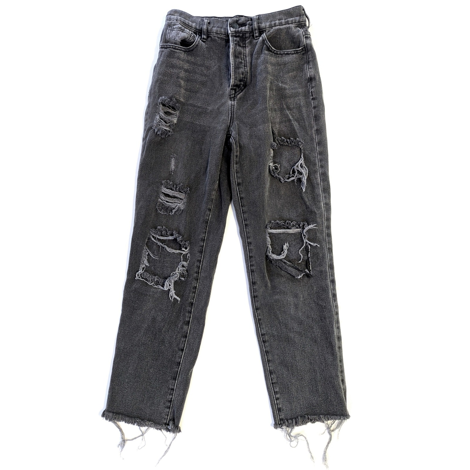 Pacsun High Rise Straight Distressed Jeans Black Size 24 Button Fly Raw Hem